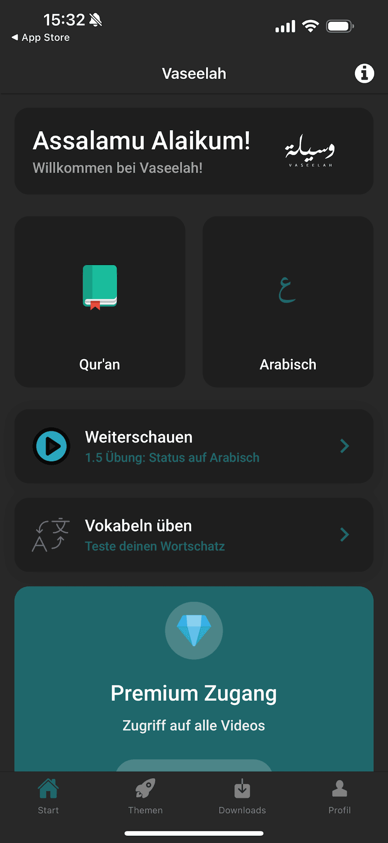 Startbildschirm der Vaseelah-App