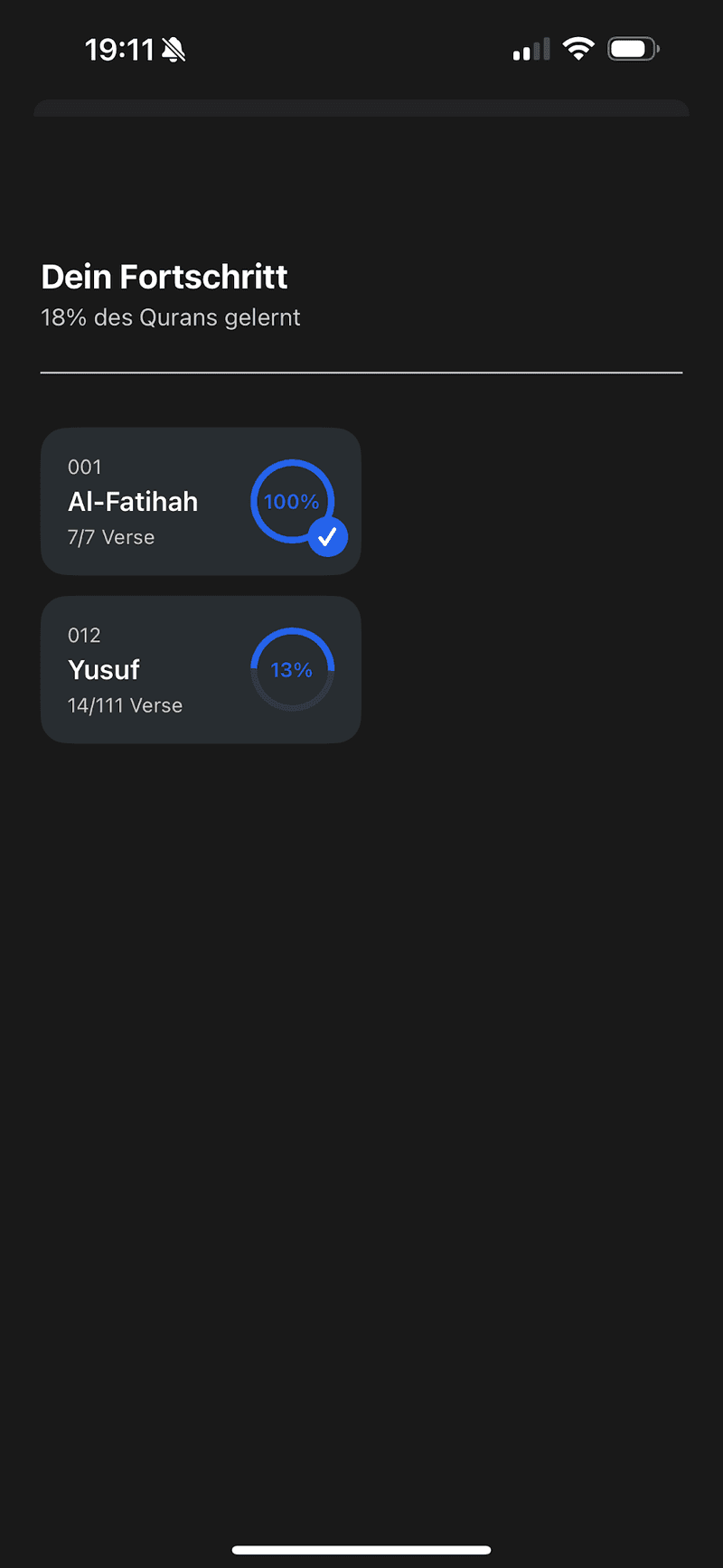 Fortschrittsansicht mit Prozentangaben pro Sure und dem Anteil des gelernten Qurans