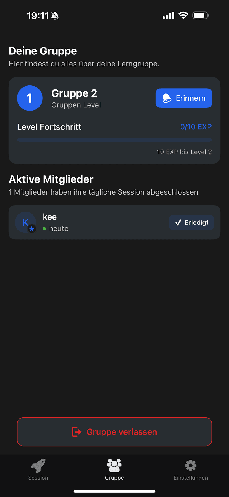 Gruppenansicht mit Gruppenlevel, aktiven Mitgliedern und Erinnern-Knopf