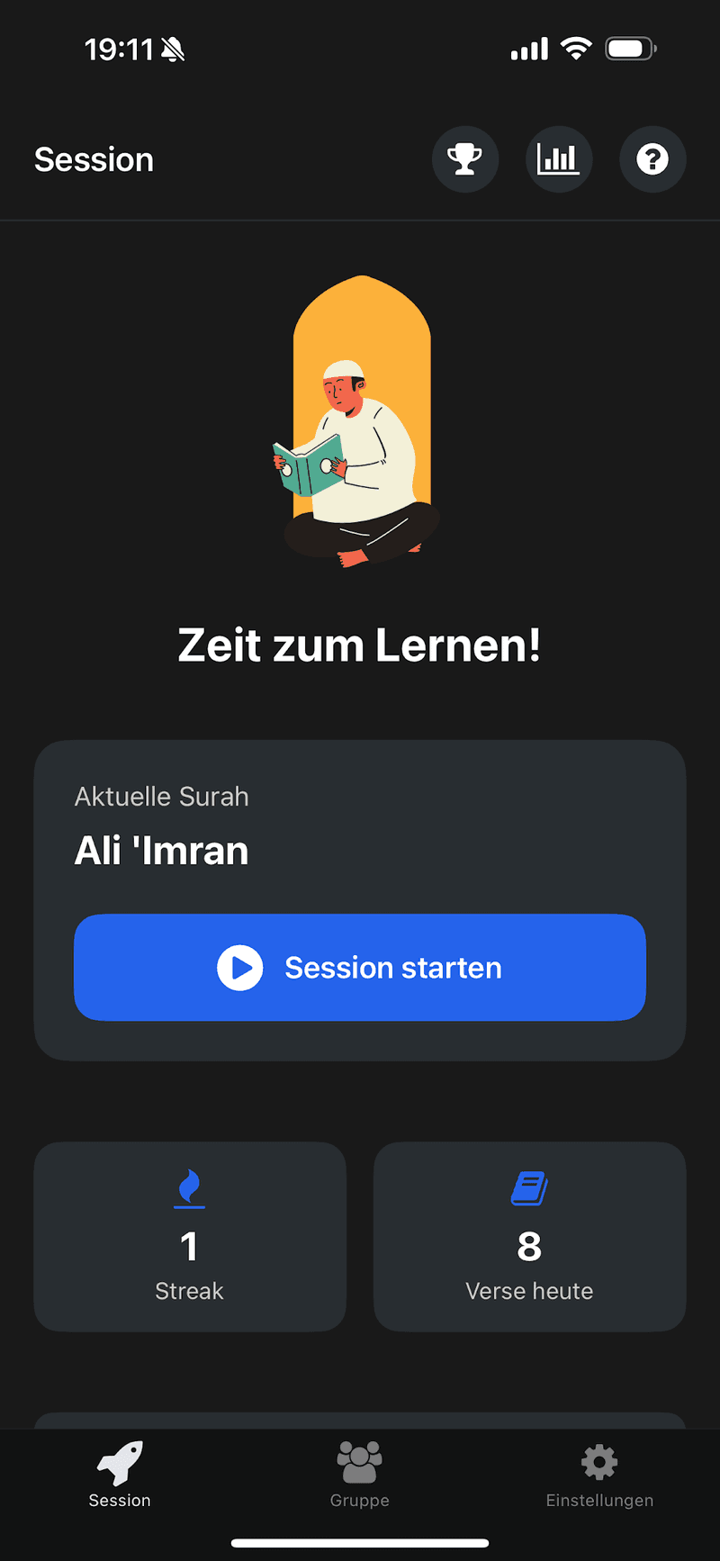 Zikr-App: aktuelle Surah Ali 'Imran, Streak und Verse des Tages