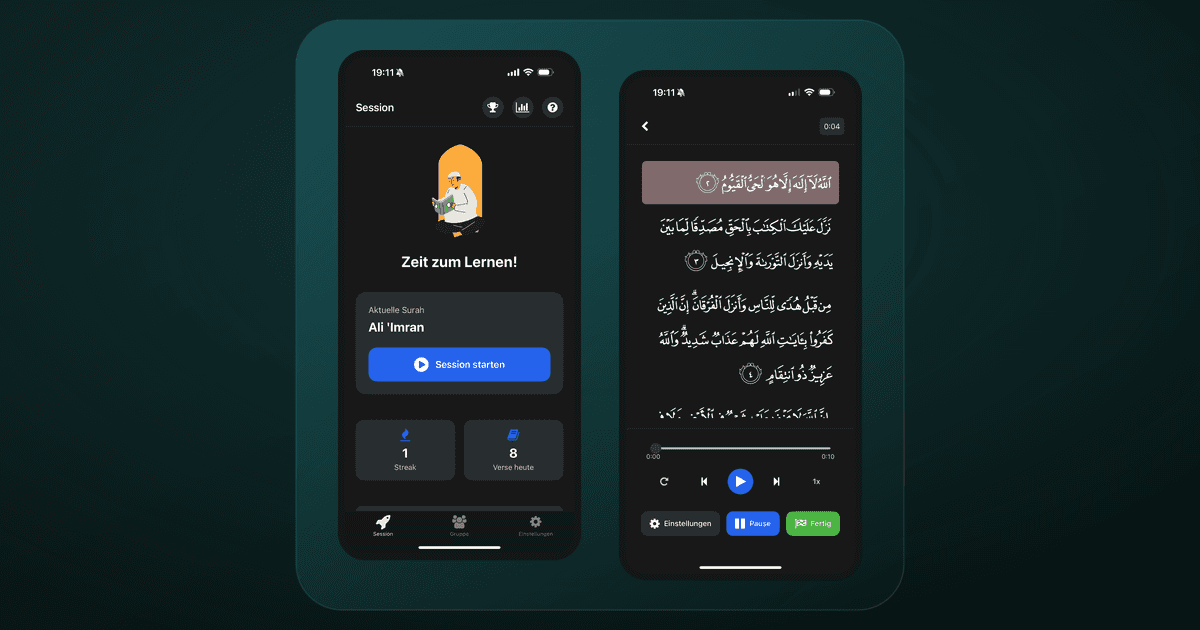 Zwei Bildschirme der Zikr-App: der Start einer Sitzung und der Player mit laufender Rezitation